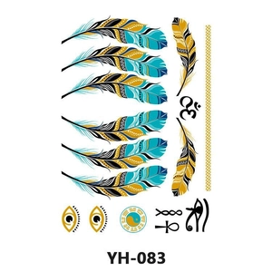 Metallic gold and silver feather tattoos with bohemian spiritual symbols on white background