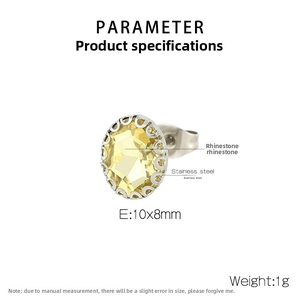 Detail showing 10x8mm yellow oval rhinestone earring with stainless steel setting