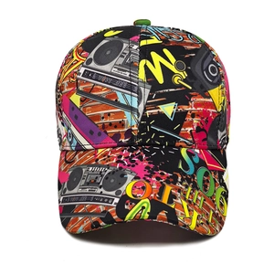 Graffiti baseball cap with retro stereo radio print and vintage street art patterns