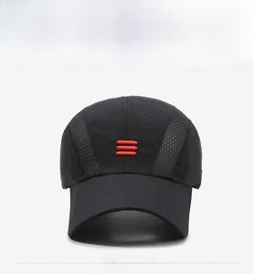 Detail of breathable mesh panels and red embroidered stripes on the black baseball cap