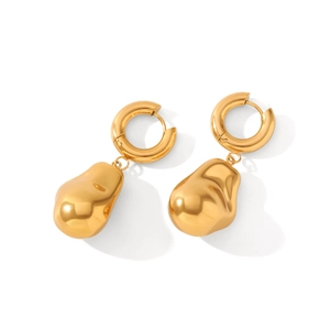 Close-up of 18K gold-plated stainless steel earrings with organic baroque liquid drops