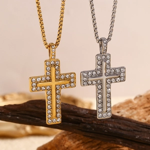 Chic 18K gold and silver plated stainless steel cross necklaces with shiny crystals