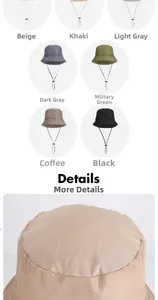 Detail view of cotton bucket hat in seven colors with adjustable windproof drawstring