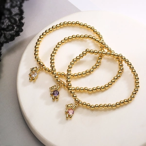 Ins Cute Bear Pendant Copper Beaded Bracelet For Women Gold Plated Zircon Inlay Elastic Stretch Jewelry Fashion Accessories