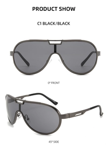 Front and 45-degree side views of black oversized aviator sunglasses with metal frames