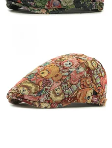 Detail of colorful jacquard beret cap with metal buckle and character weave pattern