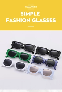 Detail of vintage rectangular wide frame sunglasses in six assorted fashion colors