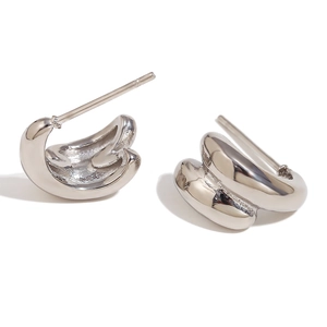 Minimalist double-layered irregular geometric stud earrings in polished silver steel