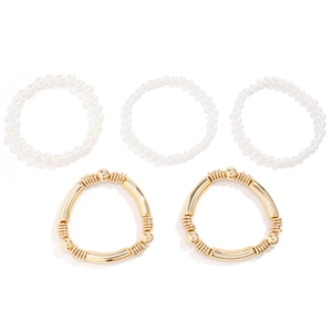 5-piece gold bangle and white pearl bead bracelet set in cyberpunk style for women