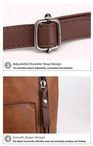 Detail of adjustable leather strap with metal buckle and smooth zipper closure