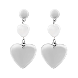 Minimalist silver metal and white heart drop earrings set on a clean white background