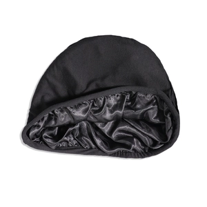 Black dual-layer men's sleep cap with knit exterior and smooth satin lining