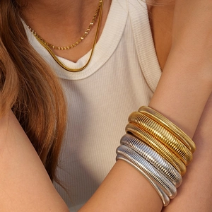 Tubogas Bangle Bracelet Stainless Steel Elastic Wide Spiral Striped Gold Silver Exaggerated Fashion Women