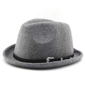 Vintage grey wool felt jazz hat with black leather band and silver buckle on white background