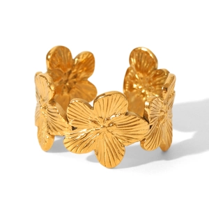 Detailed view of a gold flower open ring featuring textured floral patterns in relief