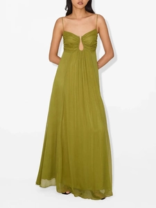 Elegant green maxi dress with spaghetti straps and keyhole design for summer vacation