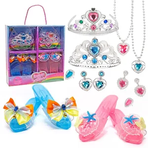 Princess pretend play jewelry and shoes set with plastic heels and tiaras in a gift box