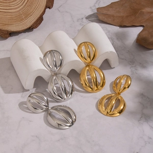 Geometric Hollow Double Sphere Drop Earrings 304 Stainless Steel Waterproof Hypoallergenic Oversized Modern For Women