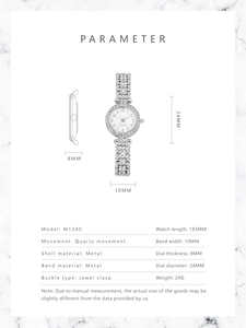 Detailed size parameters for the elegant rhinestone women's quartz watch on marble background