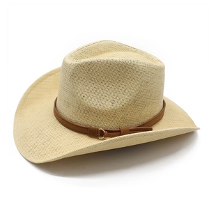 Classic beige straw cowboy hat with wide brim and dark brown leather band decoration