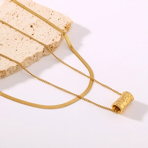 Layered Necklace 18K Gold Plated Stainless Steel Snake Bone Chain Cylindrical Textured Pendant Geometric Style For Women