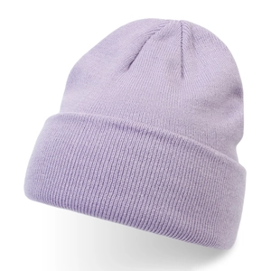 Detailed view of lavender knit beanie with fine ribbed texture and wide folded cuff