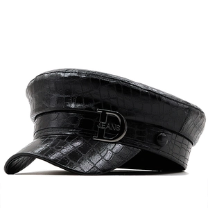 Women Faux Crocodile Leather Military Hat Retro Newsboy Cap With Metal Letter D Buckle PU Beret Flat Top Short Brim