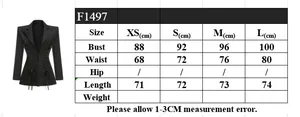 Detailed size chart for dark style belted waist blazer dress showing XS to L measurements
