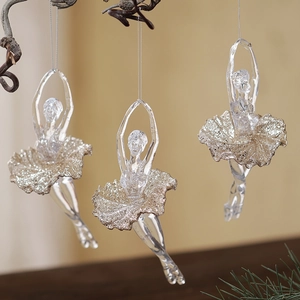Three-piece set of transparent acrylic ballerina ornaments with gold and silver glitter