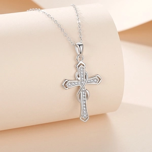 S925 sterling silver cross necklace with heart infinity pendant and white zircon stones