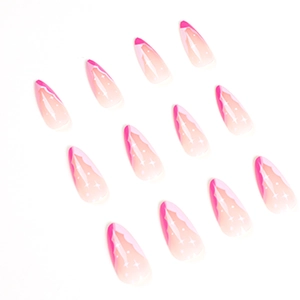 Pink gradient almond press-on nails with white star patterns and French wave tips