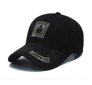Detail view of U.S. ARMY embroidery and military style patch on black baseball cap
