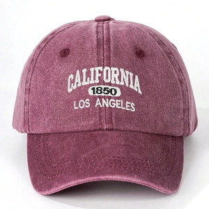 Detail of embroidered California 1850 Los Angeles text on washed cotton baseball cap