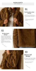 Detailed views of brown faux fur hooded jacket showing hood, plush fabric, and ribbed cuffs