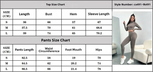 Detailed size chart for seamless high waist yoga leggings and long sleeve crop top set
