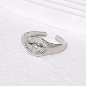 Vintage Edelstahlring mit Teufelsauge, Sonnenstrahl-Textur und weißem Diamanten