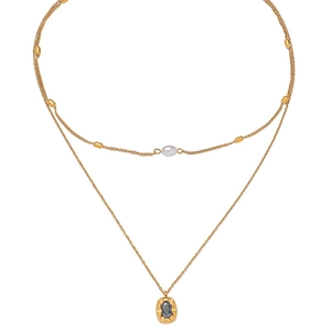 French style double-layered 18K gold plated stainless steel necklace with black oval gem