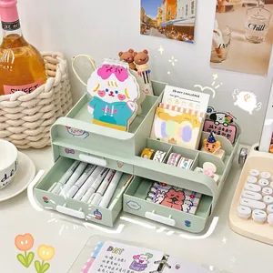 Mint green minimalist multi-layer desk organizer with drawers and cute animal stickers