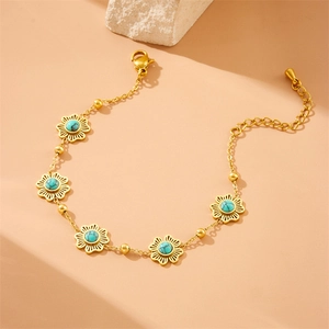 Vintage gold-plated stainless steel chain bracelet with five turquoise sunflower charms