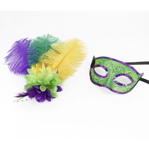 Detail of sequined masquerade mask and feather headpiece set in purple green and yellow