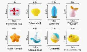 Detailed grid showing summer ocean micro figurines with specific size and weight labels