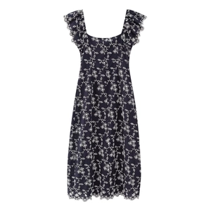 Navy blue floral embroidered midi dress with square neck and ruffle sleeves