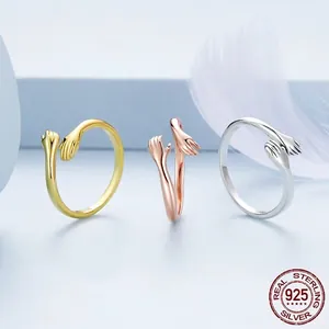 925 sterling silver hugging hands open rings in gold, silver and rose gold finishes