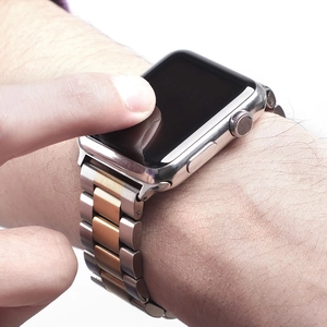 Three-tone stainless steel link bracelet for Apple Watch in silver gold and rose gold finish