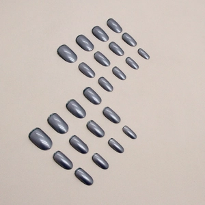 Metallic silver-grey oval press-on nails with glitter finish, 24-piece full set display