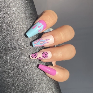 Long coffin press-on nails with blue pink flame and purple smiley face patterns