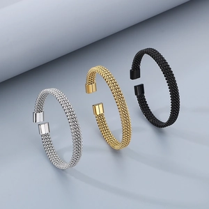 Stainless Steel Braided Mesh Open Bangle C-Shaped Flexible Wire Cuff Bracelet Fashion Minimalist Unisex Jewelry