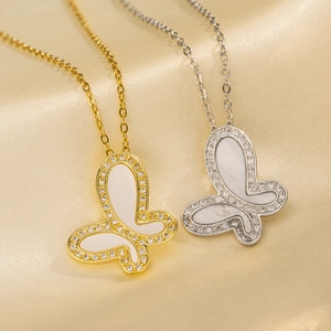 Butterfly Pendant Necklace Titanium Steel White Mother Of Artificial Pearl Rhinestone Elegant Fashion Jewelry For Women