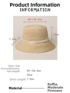 Detailed size specifications for raffia straw sun hat with lace ribbons and pearl decor