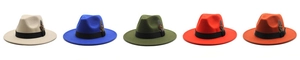 Classic wool fedora hats with black ribbons and feathers in five vibrant colors